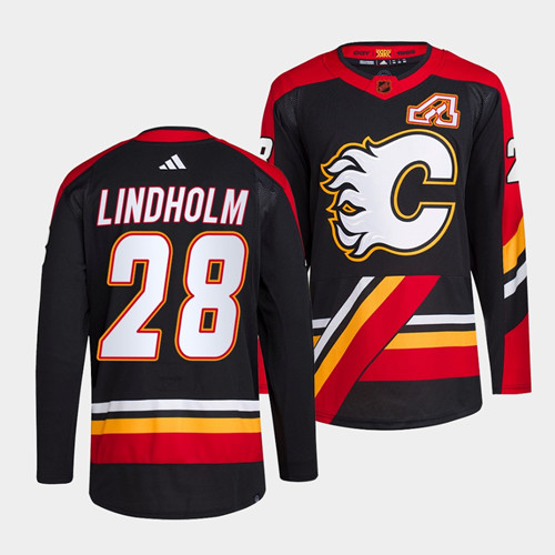 Men's Calgary Flames #28 Elias Lindholm Black 2022-23 Reverse Retro Stitched Jersey - Click Image to Close